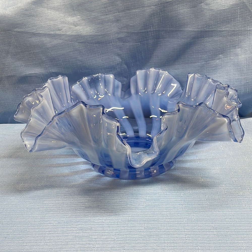 Fenton provincial Blue Ruffled Opalescent Striped 13” Diameter Bowl 1627